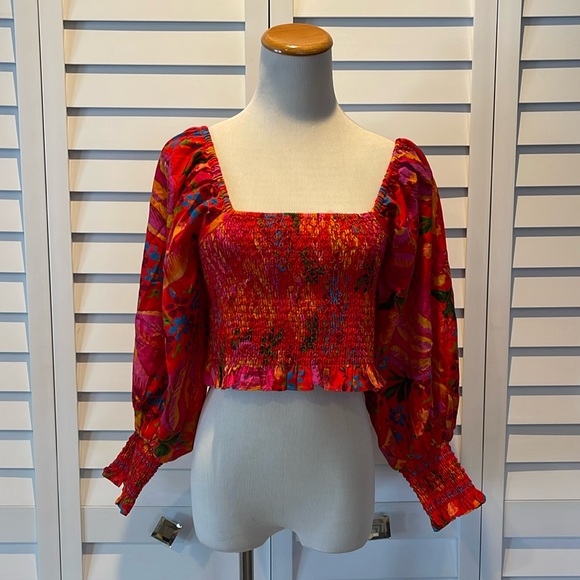 FARM Rio Boho colorful Crop Smocked Balloon Sleeve Top